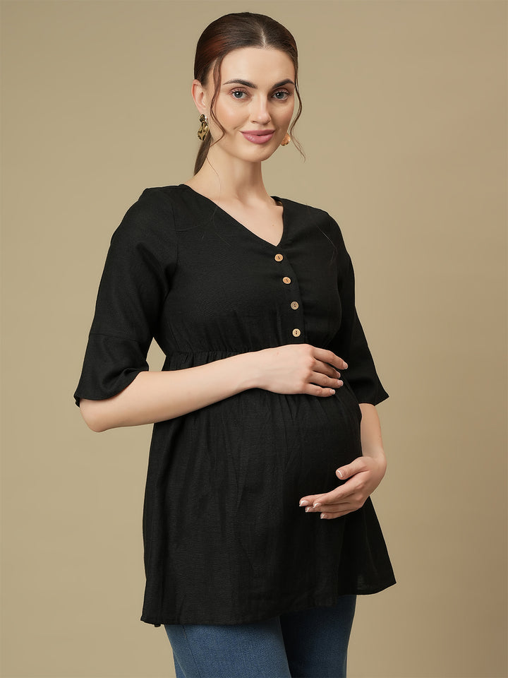 Linen Cotton Maternity Top- Black