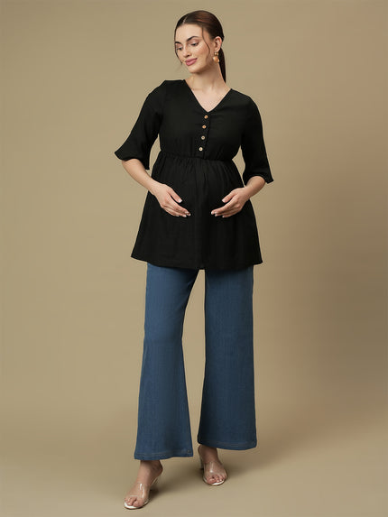Linen Cotton Maternity Top- Black