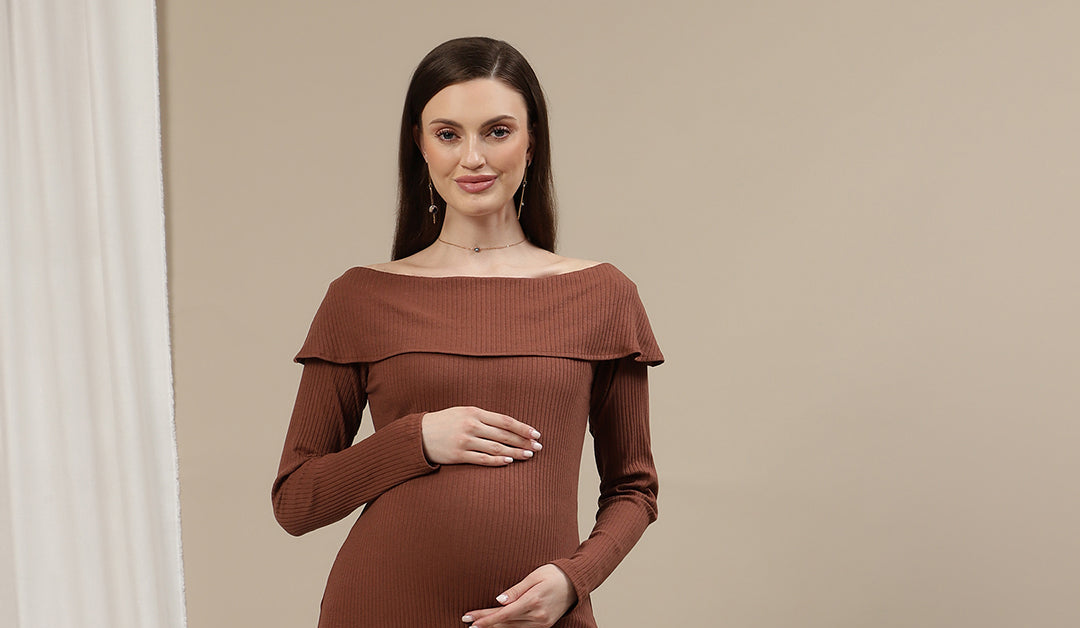 maternity bodycon dress long sleeve Maternity Bodycon Fitted Dress- Brown