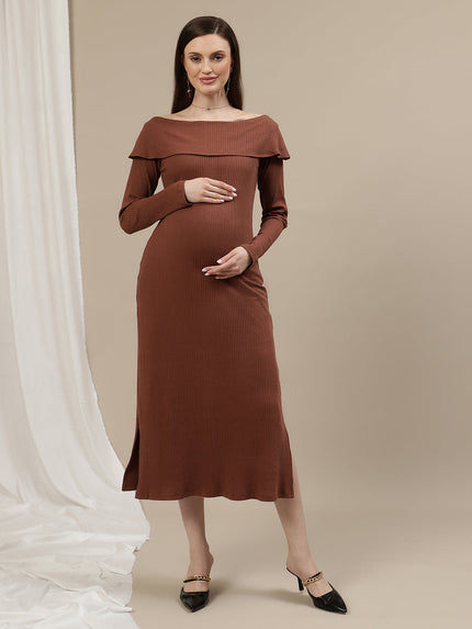 Maternity Bodycon Fitted Dress- Brown Maternity Bodycon Fitted Dress- Brown