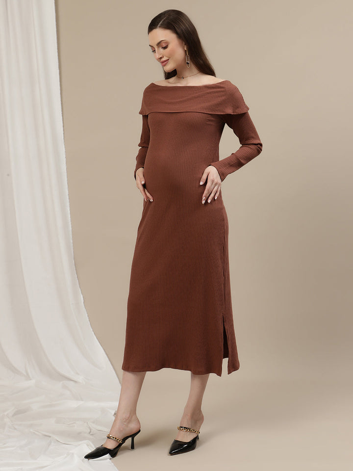 Maternity Bodycon Fitted Dress- Brown
