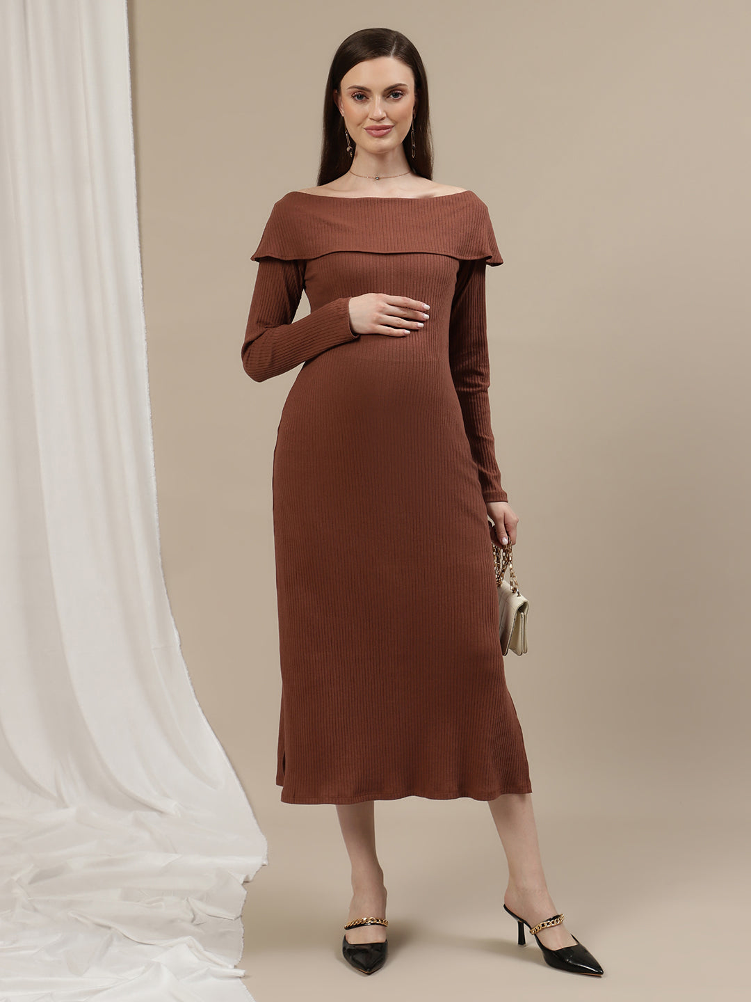Maternity Bodycon Fitted Dress- Brown