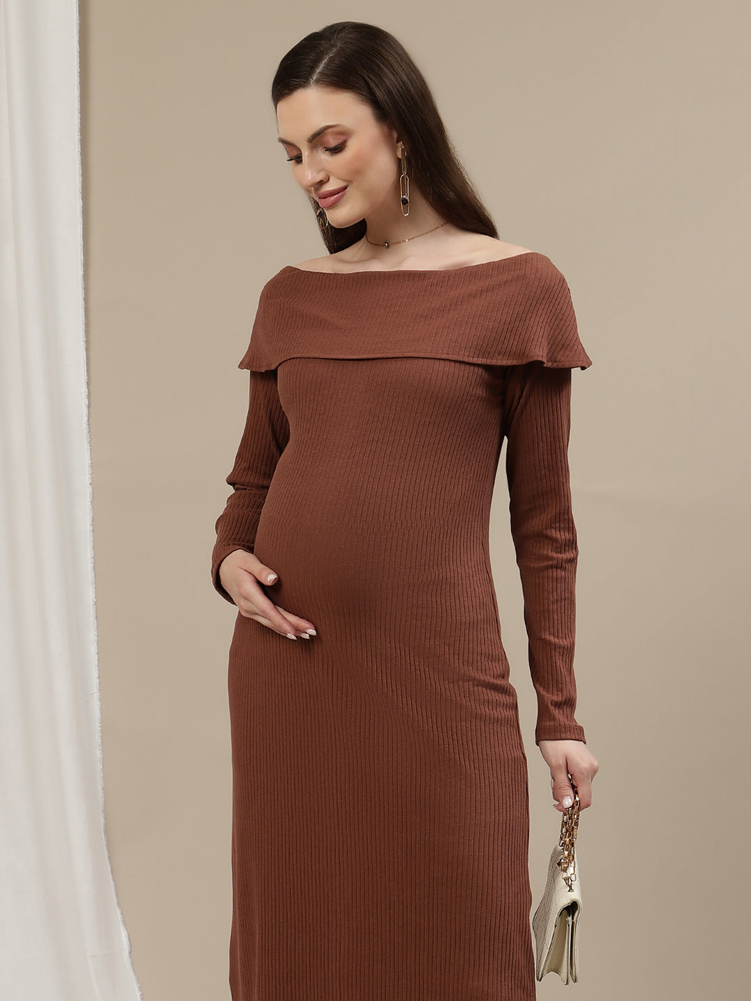 Maternity Bodycon Fitted Dress- Brown Maternity Bodycon Fitted Dress- Brown