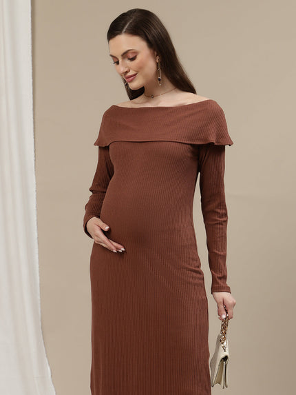 Maternity Bodycon Fitted Dress- Brown Maternity Bodycon Fitted Dress- Brown