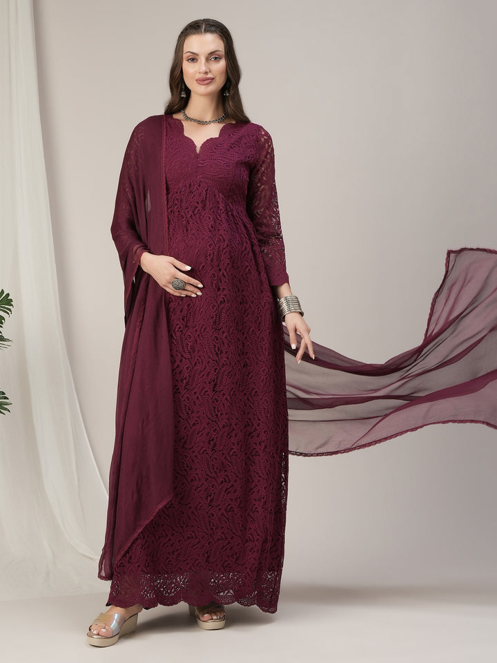 Maroon Scallop Lace Maternity & Nursing Kurta with Dupatta