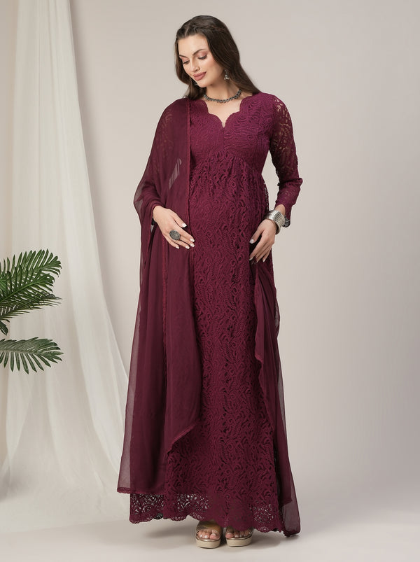 Maroon Scallop Lace Maternity & Nursing Kurta with Dupatta