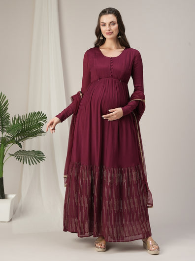 Maroon Lurex Maternity & Nursing Flared Kurta with Dupatta