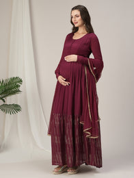 Maroon Lurex Maternity & Nursing Flared Kurta with Dupatta