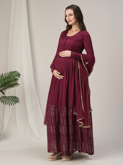 Maroon Lurex Maternity & Nursing Flared Kurta with Dupatta
