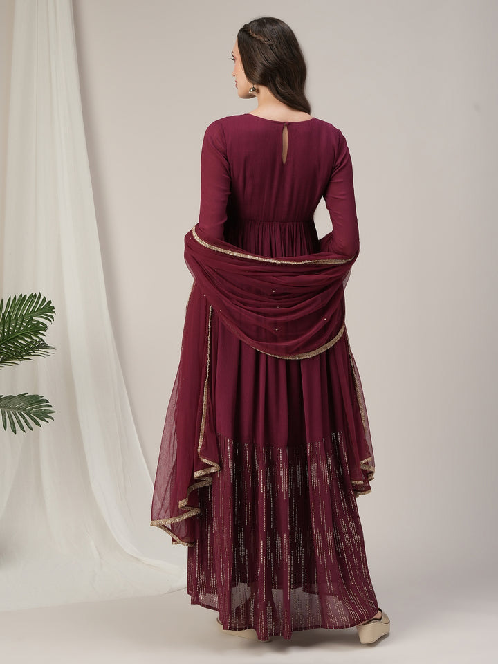 Maroon Lurex Maternity & Nursing Flared Kurta with Dupatta