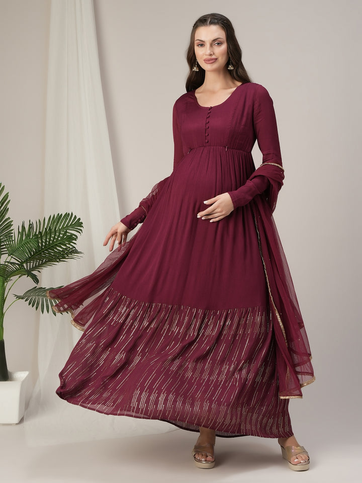 Maroon Lurex Maternity & Nursing Flared Kurta with Dupatta