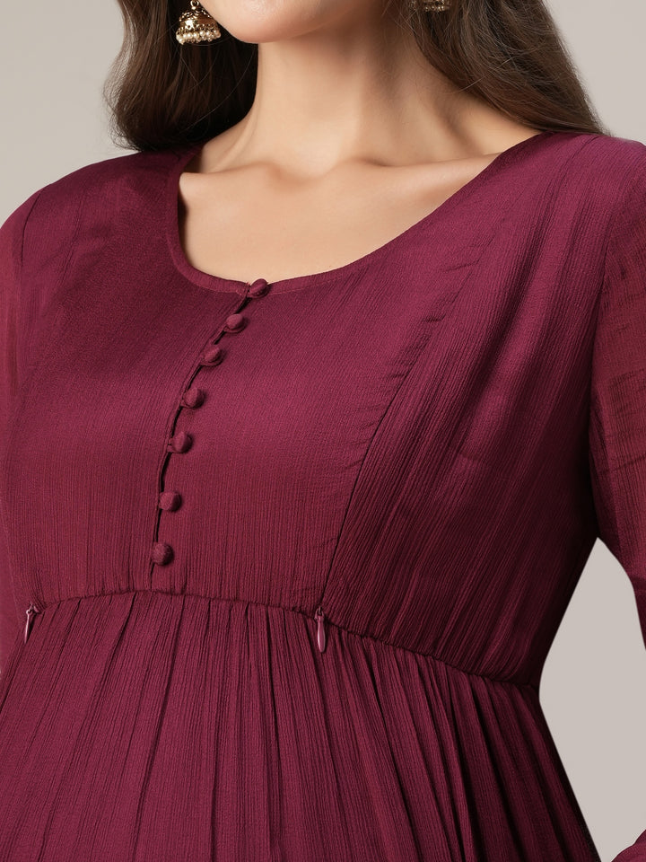 Maroon Lurex Maternity & Nursing Flared Kurta with Dupatta