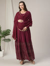Maroon Lurex Maternity & Nursing Flared Kurta with Dupatta