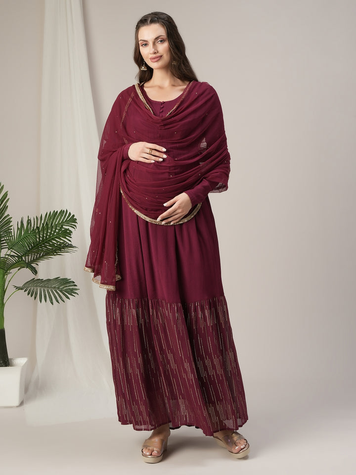 Maroon Lurex Maternity & Nursing Flared Kurta with Dupatta