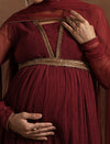 Maroon Maternity Anarkali with Embellished Yoke