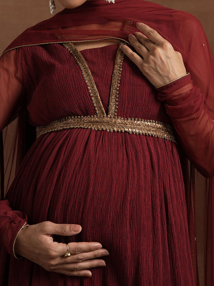 Maroon Maternity Anarkali with Embellished Yoke