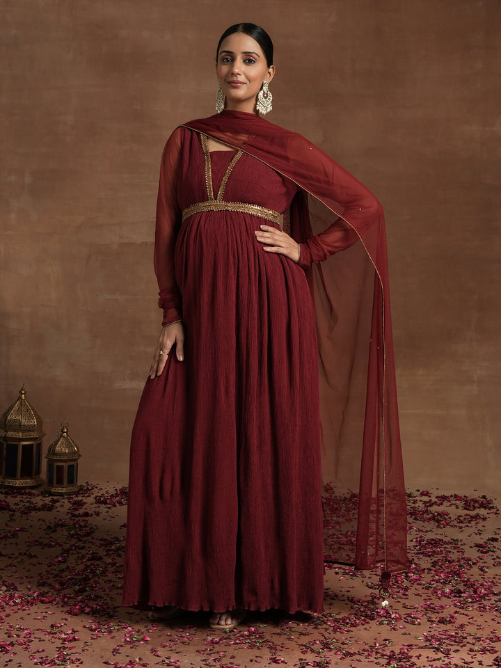Maroon Maternity Anarkali with Embellished Yoke