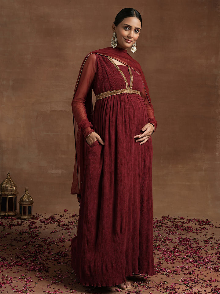 Maroon Maternity Anarkali with Embellished Yoke