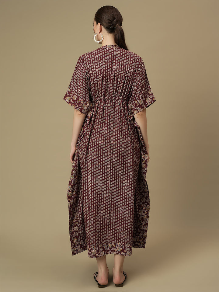 Maroon Maternity Collared Kaftan Dress