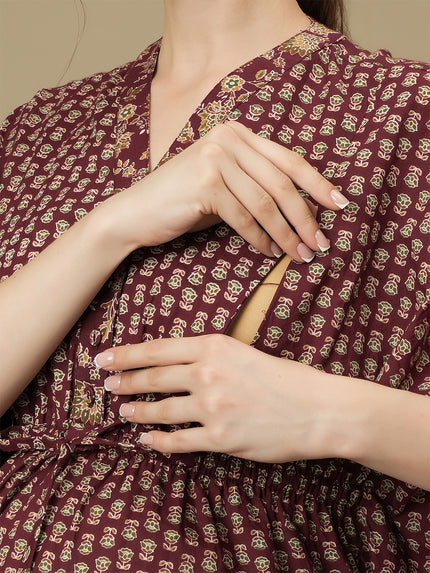 Maroon Maternity Collared Kaftan Dress