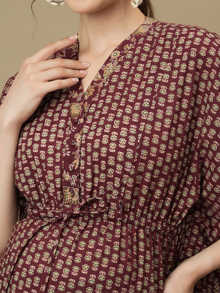 Maroon Maternity Collared Kaftan Dress