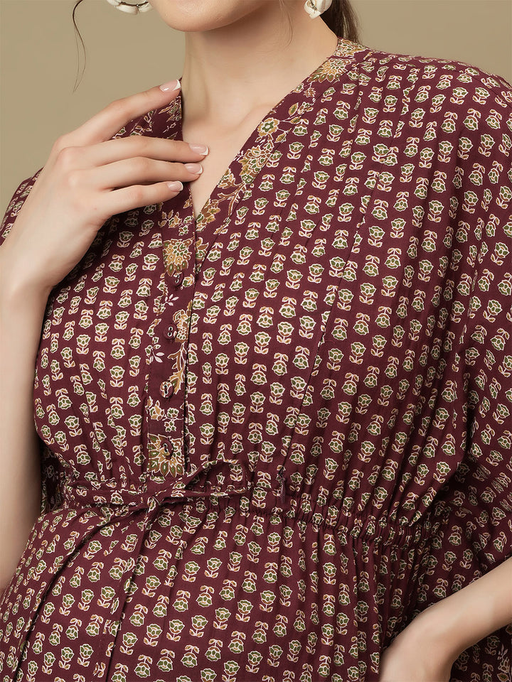 Maroon Maternity Collared Kaftan Dress