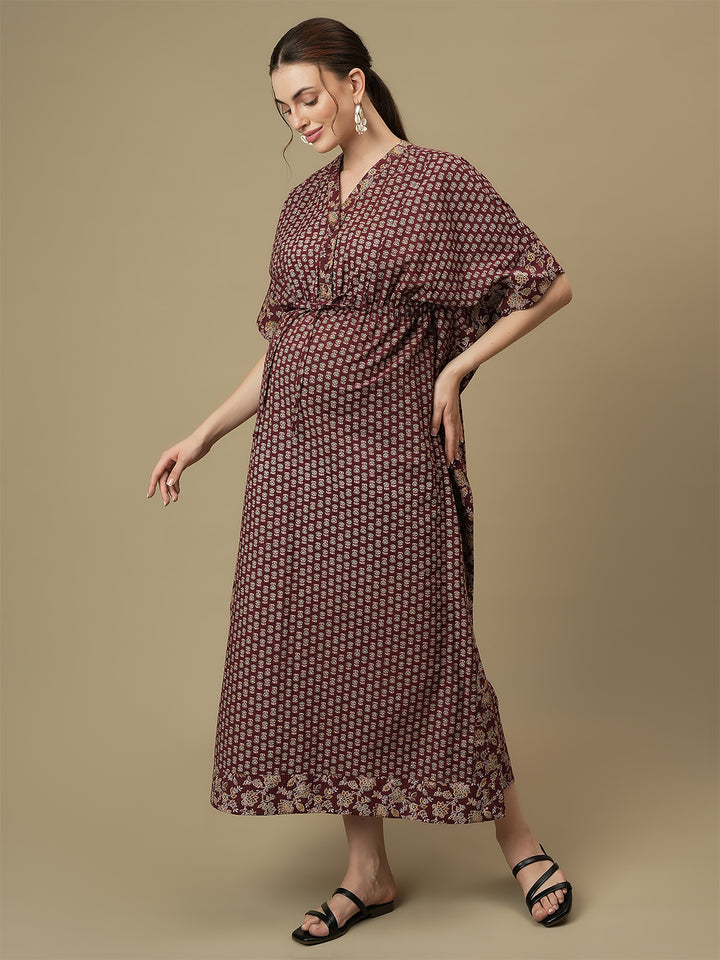 Maroon Maternity Collared Kaftan Dress