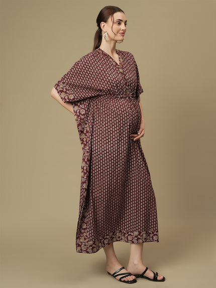 Maroon Maternity Collared Kaftan Dress