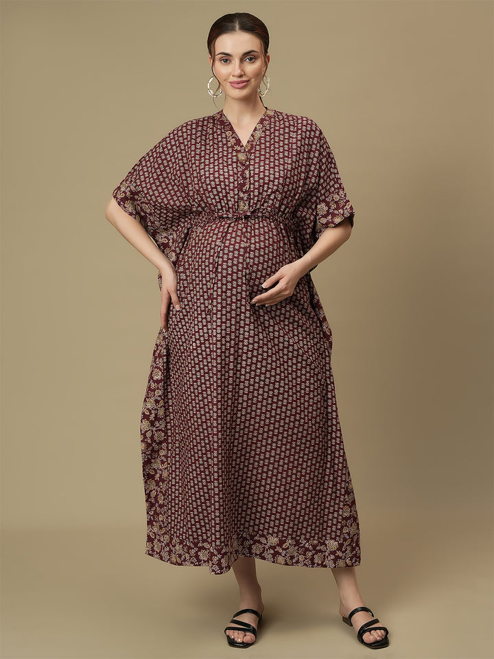 Maroon Maternity Collared Kaftan Dress