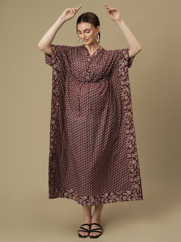 Maroon Maternity Collared Kaftan Dress