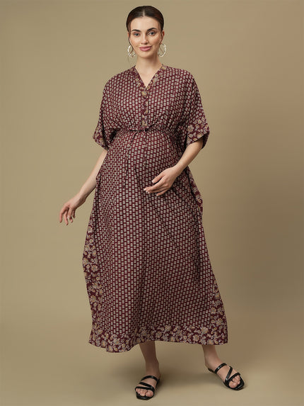 Maroon Maternity Collared Kaftan Dress