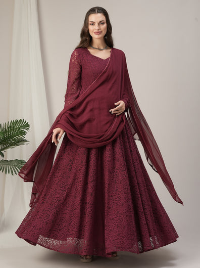 Maroon Lace Maternity & Nursing Flared Kurta with Dupatta