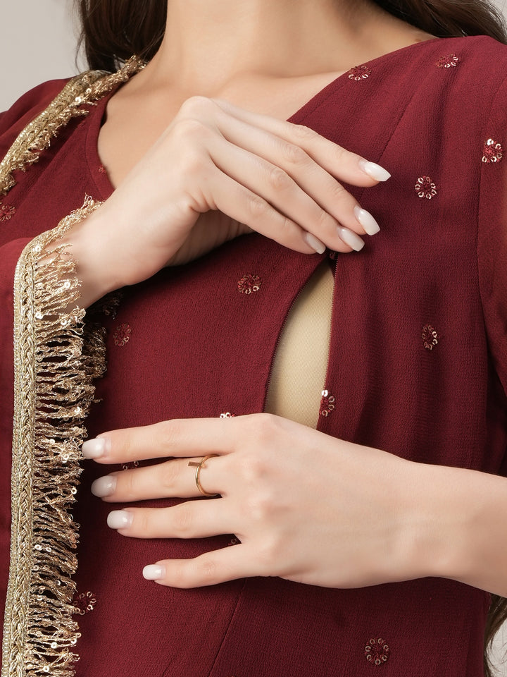 Maroon A-Line Maternity & Nursing Kurta Set with Dupatta