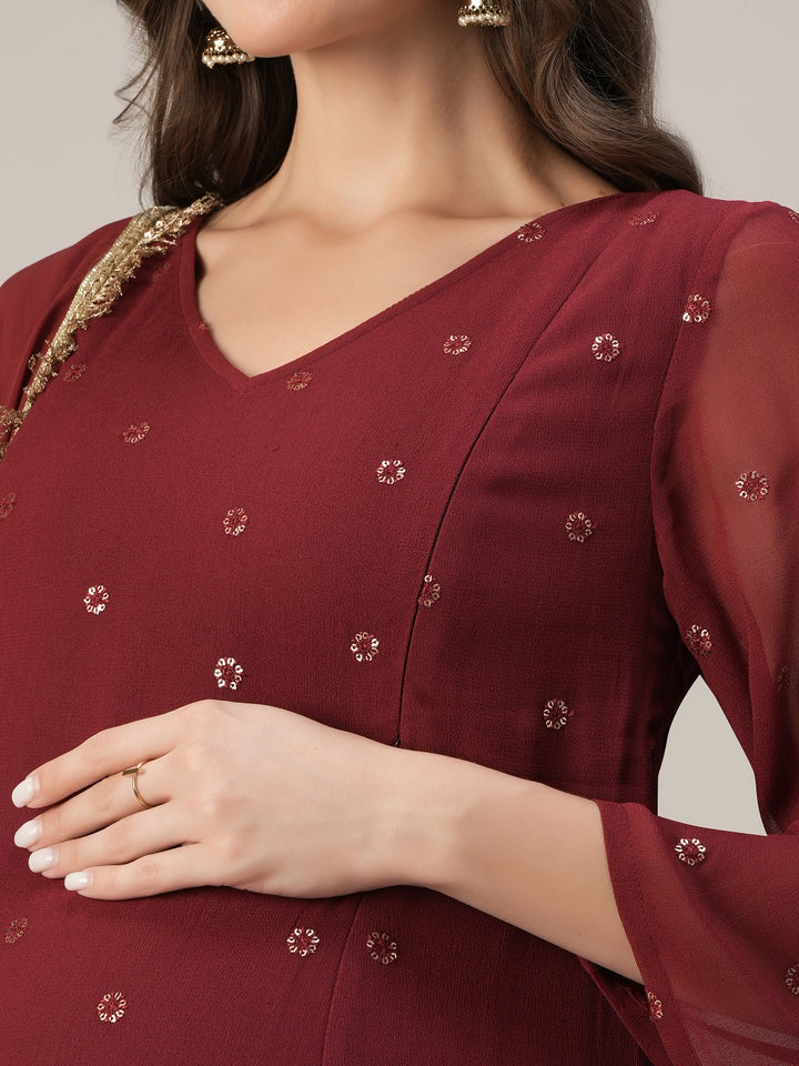 Maroon A-Line Maternity & Nursing Kurta Set with Dupatta