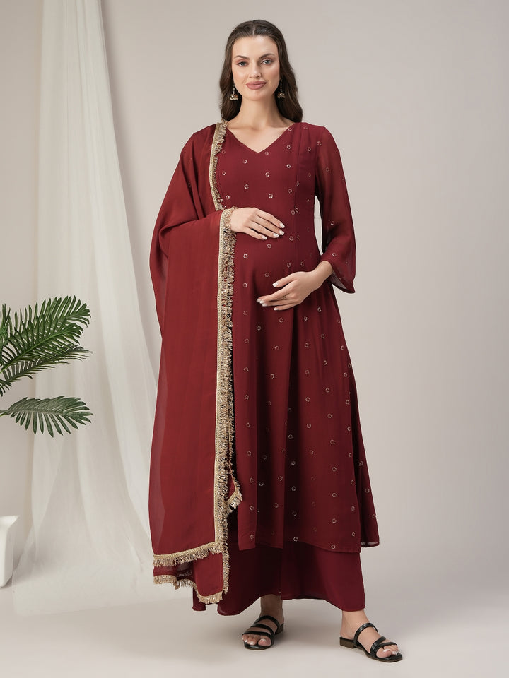 Maroon A-Line Maternity & Nursing Kurta Set with Dupatta