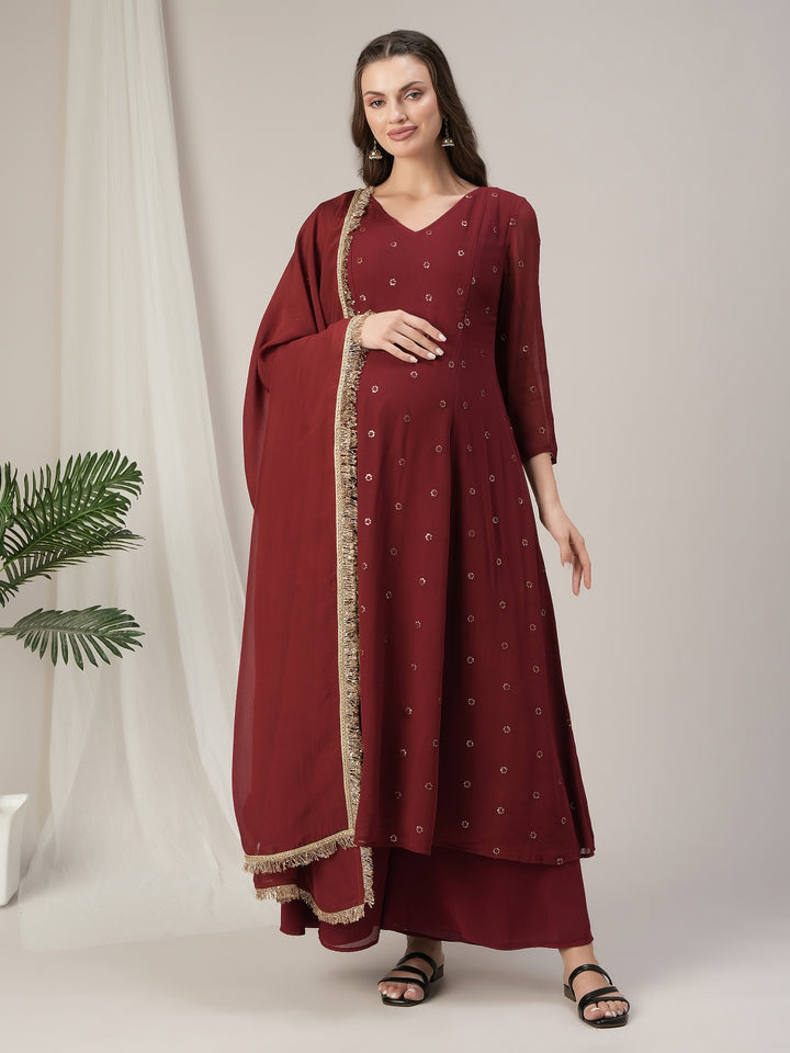 Maroon A-Line Maternity & Nursing Kurta Set with Dupatta
