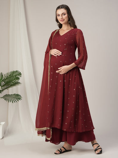 Maroon A-Line Maternity & Nursing Kurta Set with Dupatta