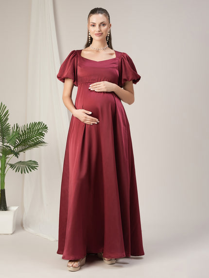 Maroon Maternity Satin Maxi Gown with Sweetheart Neck Maroon Maternity Satin Maxi Gown with Sweetheart Neck