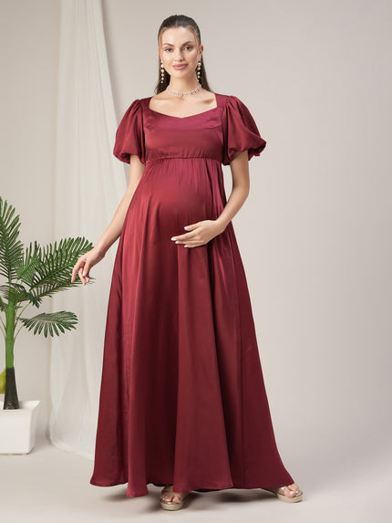 Maroon Maternity Satin Maxi Gown with Sweetheart Neck Maroon Maternity Satin Maxi Gown with Sweetheart Neck