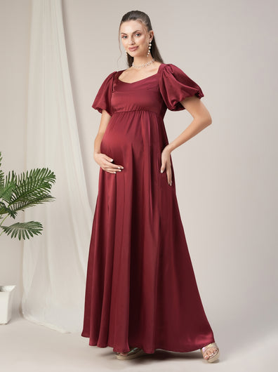 Maroon Maternity Satin Maxi formal Gown