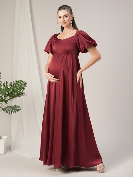 Maroon Maternity Satin Maxi Gown with Sweetheart Neck Maroon Maternity Satin Maxi Gown with Sweetheart Neck