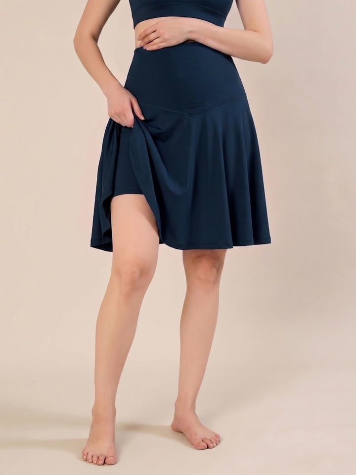 Maternity Knee-length Flared Skorts with Adjustable Drawstring - Indigo Blue