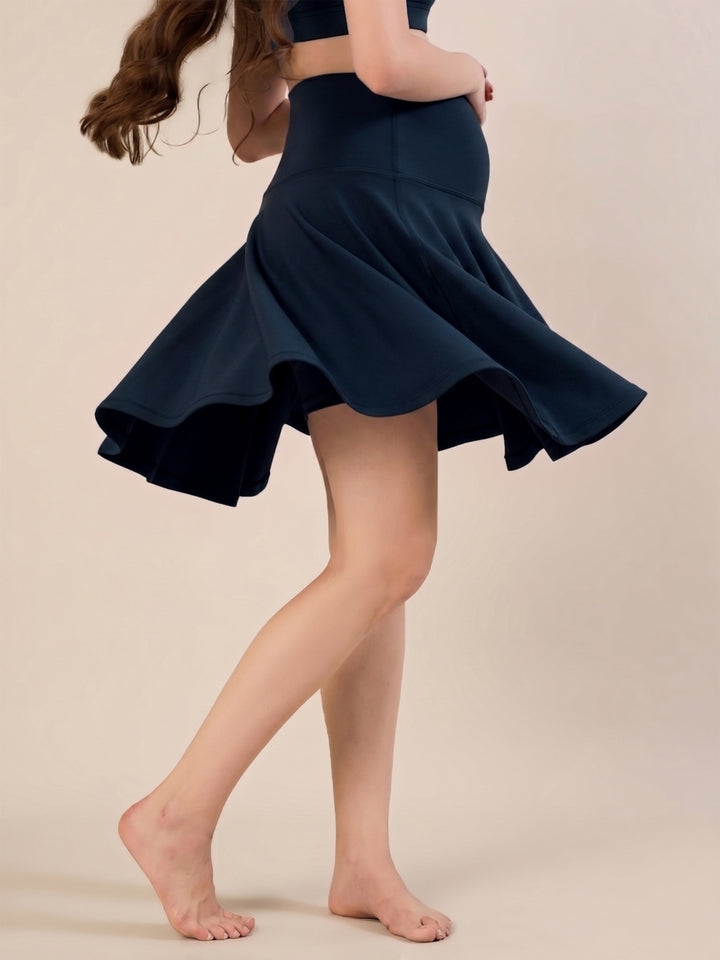 Maternity Knee-length Flared Skorts with Adjustable Drawstring - Indigo Blue