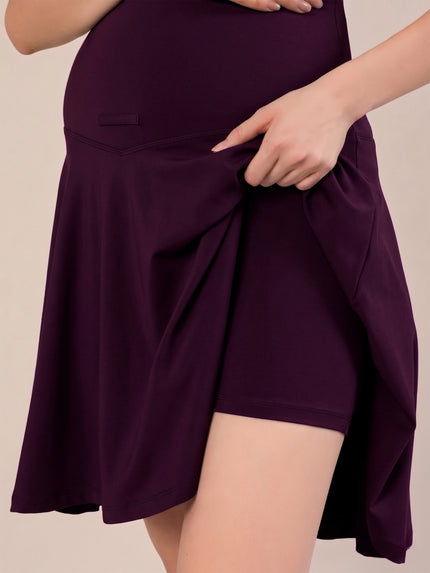 Maternity Knee-length Flared Skorts with Adjustable Drawstring - Purple