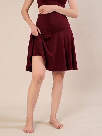 Maternity Knee-length Flared Skorts with Adjustable Drawstring - Wine Berry