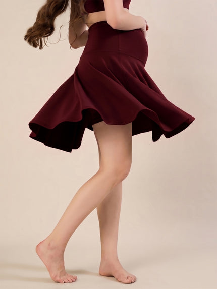 Maternity Knee-length Flared Skorts with Adjustable Drawstring - Wine Berry