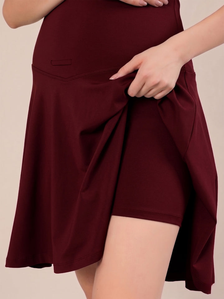 Maternity Knee-length Flared Skorts with Adjustable Drawstring - Wine Berry
