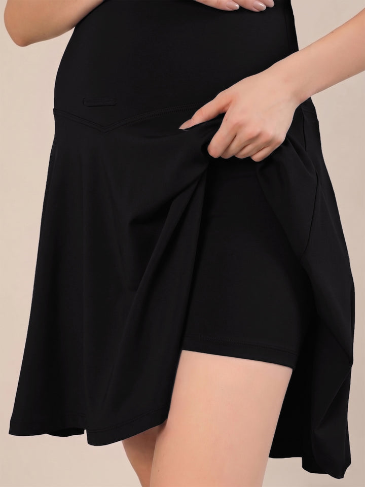 Maternity Knee-length Flared Skorts with Adjustable Drawstring - Black