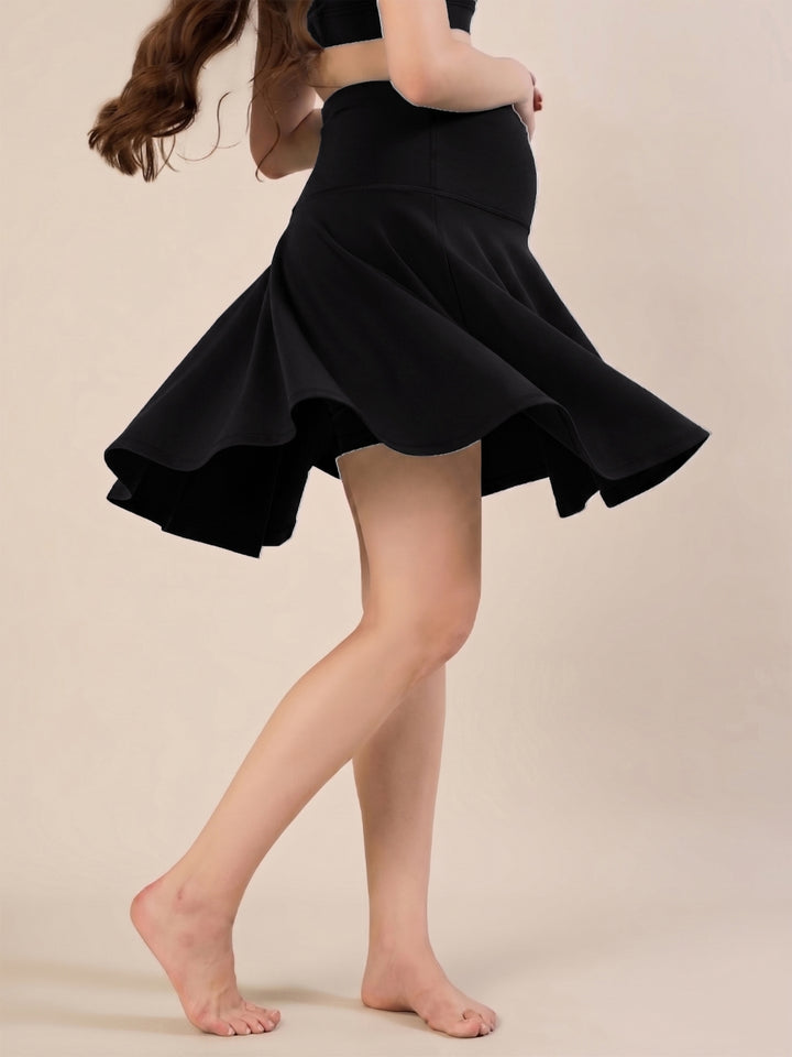 Maternity Knee-length Flared Skorts with Adjustable Drawstring - Black
