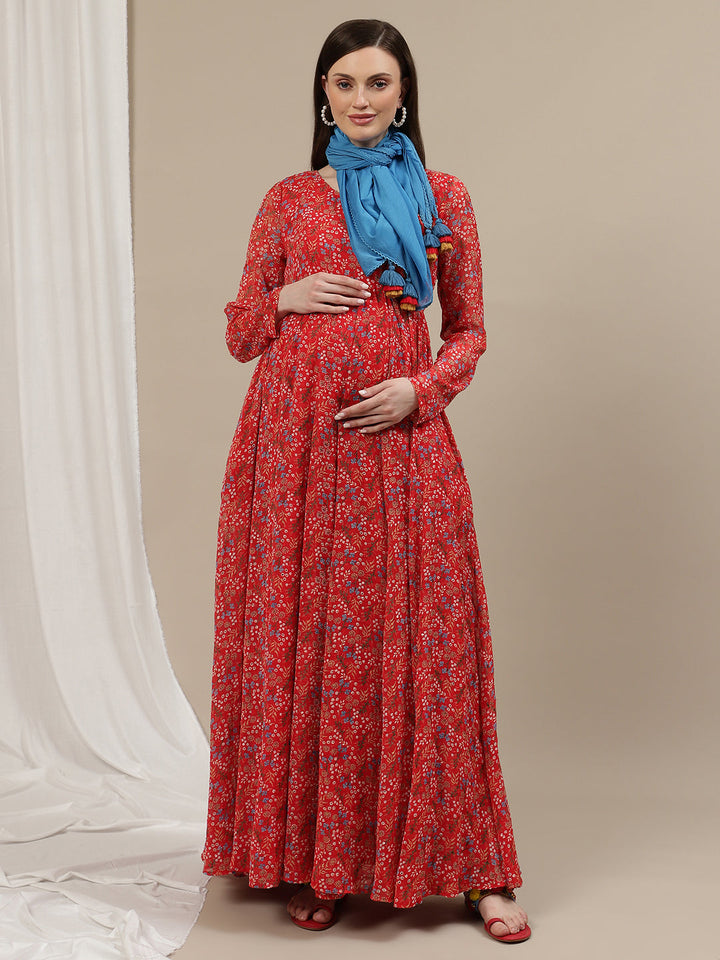 2pc. Red Maternity Gown with Dupatta